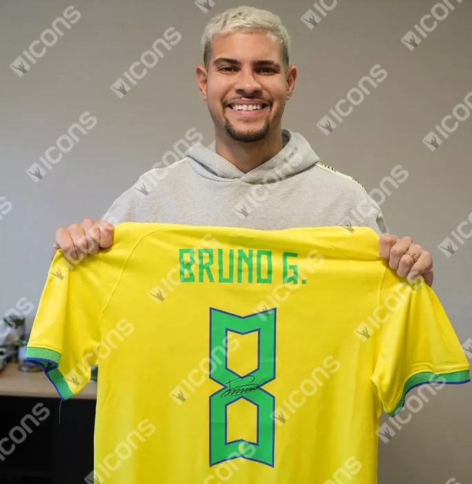 Icons Bruno Guimaraes Official 2026 FIFA World Cup™ Back Signed And Hero Framed Brazil 2022 Home Shirt