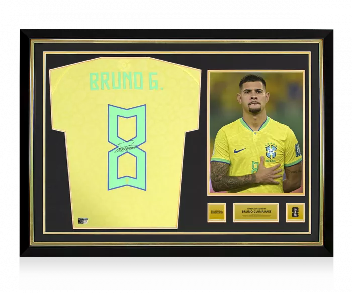 icons Bruno Guimaraes Official 2026 FIFA World Cup™ Back Signed and Hero Framed Brazil 2022 Home Shirt
