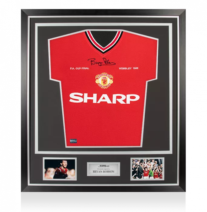 icons Bryan Robson Front Signed Manchester United Home Shirt In Classic Frame: 1985 FA Cup Final Special Edition