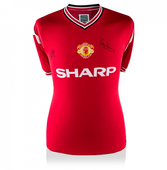 icons Bryan Robson & Norman Whiteside Signed Manchester United Shirt: 1985 FA Cup Final Edition