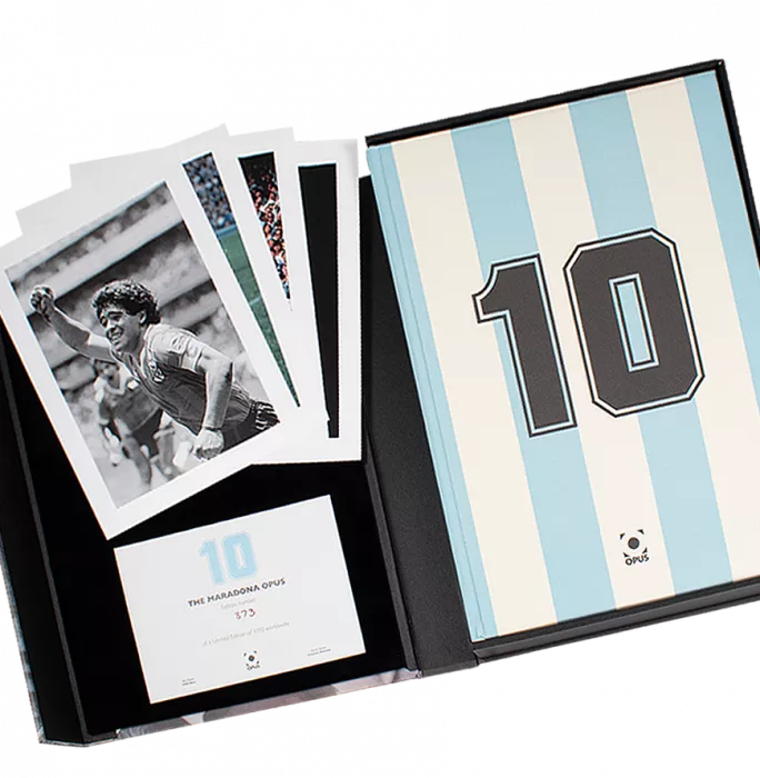 Icons BUNDLE Diego Maradona Signed Argentina 1986 Home Shirt In Classic Frame & Limited Edition Opus Book