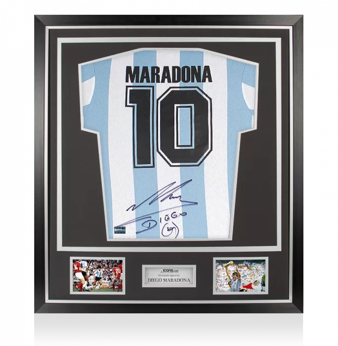 Icons BUNDLE Diego Maradona Signed Argentina 1986 Home Shirt In Classic Frame & Limited Edition Opus Book