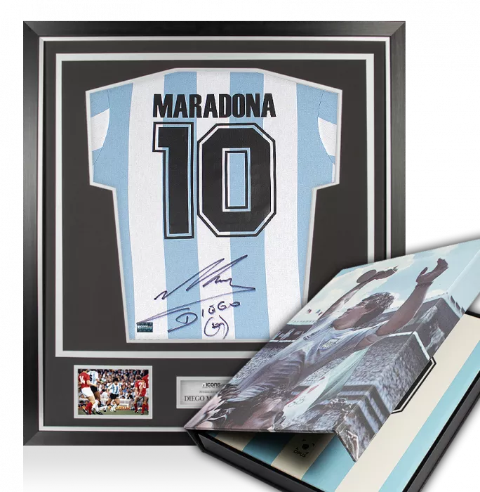 icons BUNDLE Diego Maradona Signed Argentina 1986 Home Shirt In Classic Frame & Limited Edition Opus Book