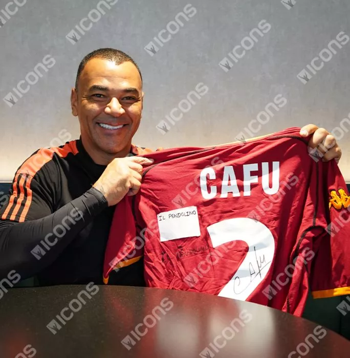 Icons Cafu Back Signed AS Roma 2002-03 Home Shirt - Il Pendolino Inscription In Classic Frame