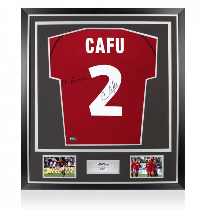icons Cafu Back Signed AS Roma 2002-03 Home Shirt - Il Pendolino Inscription In Classic Frame