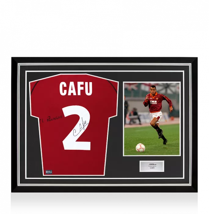 icons Cafu Back Signed AS Roma 2002-03 Home Shirt - Il Pendolino Inscription In Hero Frame: Option 1