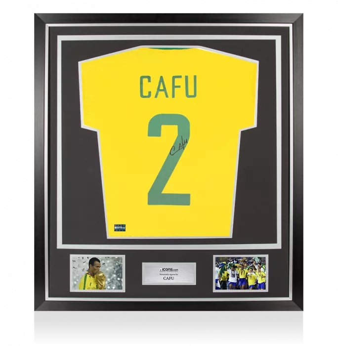 icons Cafu Back Signed Brazil 1970 T-Shirt In Classic Frame
