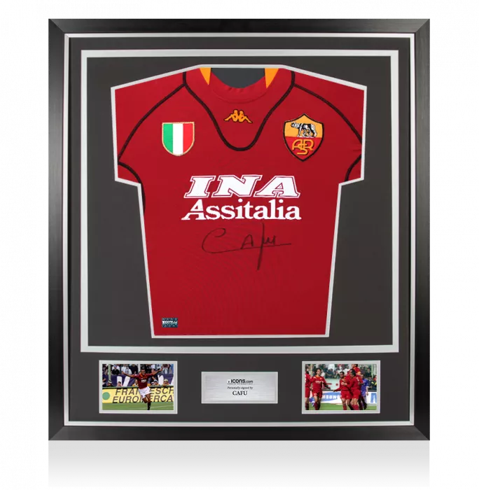 icons Cafu Front Signed AS Roma 2001-02 Home Shirt In Classic Frame