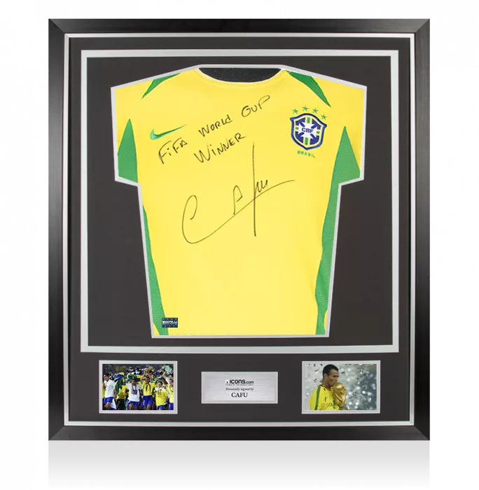 Icons Cafu Front Signed Brazil 2002 Home Shirt - "FIFA World Cup Winner" Inscription In Classic Frame