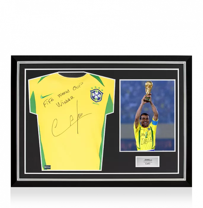icons Cafu Front Signed Brazil 2002 Home Shirt - "FIFA World Cup Winner" Inscription In Hero Frame: Option 1