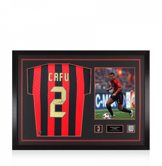 icons Cafu Official AC Milan Back Signed and Framed Retro Home Shirt With Fan Style Number