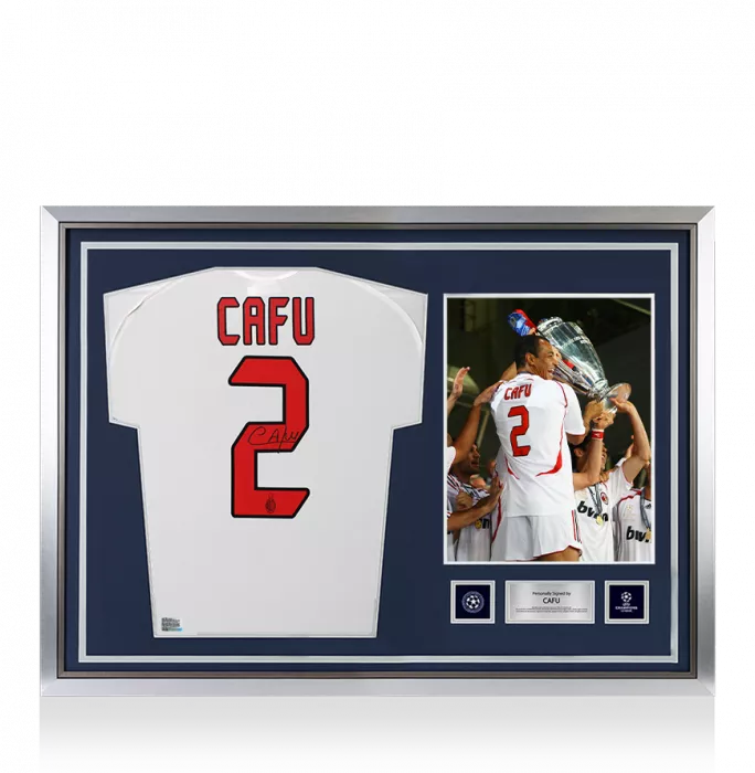 icons Cafu Official UEFA Champions League Back Signed and Hero Framed AC Milan 2005-06 Away Shirt