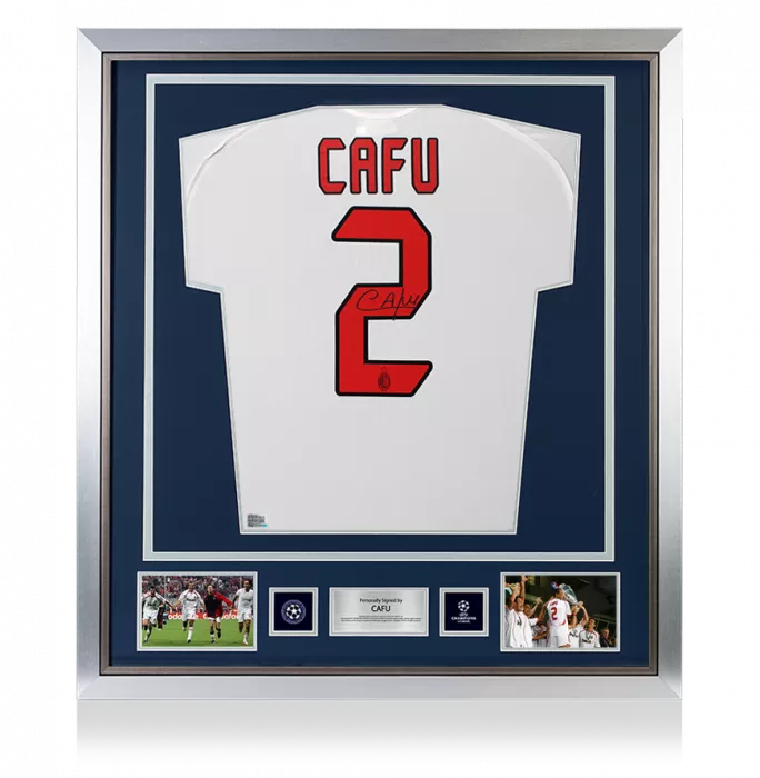 icons Cafu Official UEFA Champions League Back Signed and Framed AC Milan 2005-06 Away Shirt