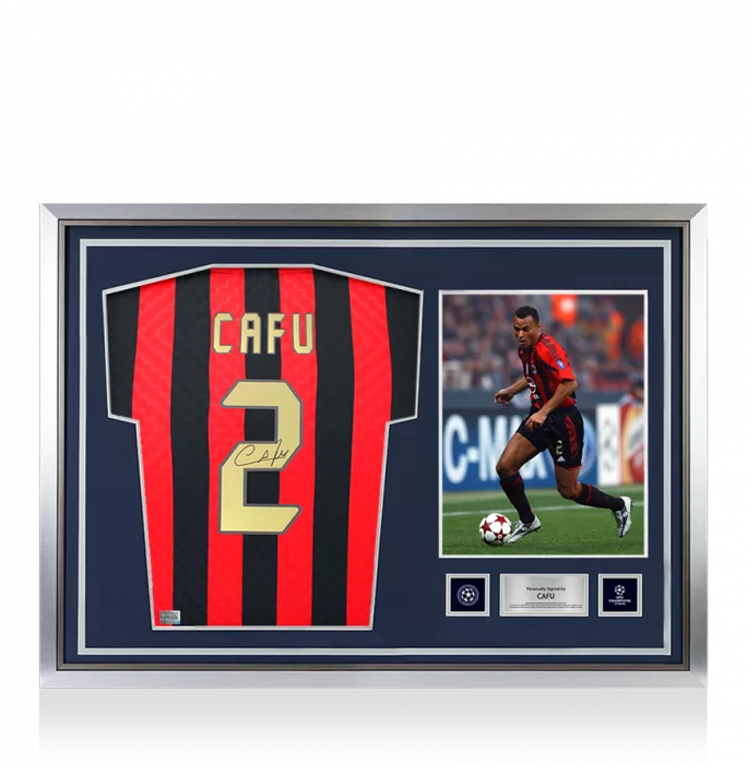 icons Cafu Official UEFA Champions League Back Signed and Hero Framed AC Milan Retro Home Shirt With Fan Style Number