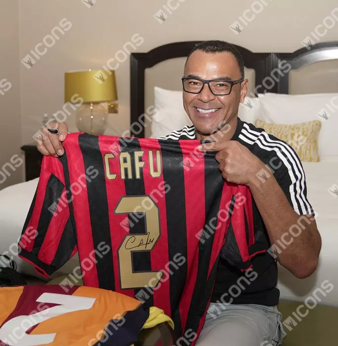 Icons Cafu Official UEFA Champions League Back Signed And Framed AC Milan Retro Home Shirt With Fan Style Number