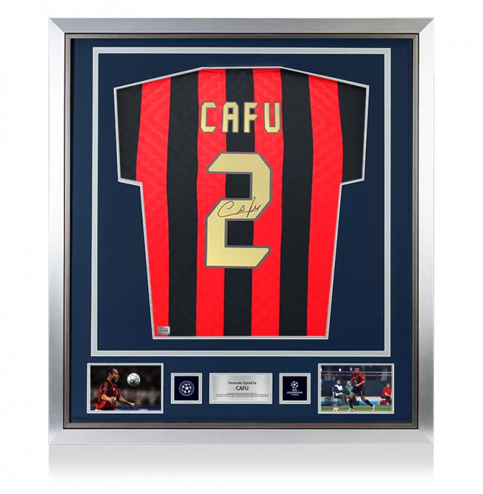 icons Cafu Official UEFA Champions League Back Signed and Framed AC Milan Retro Home Shirt With Fan Style Number