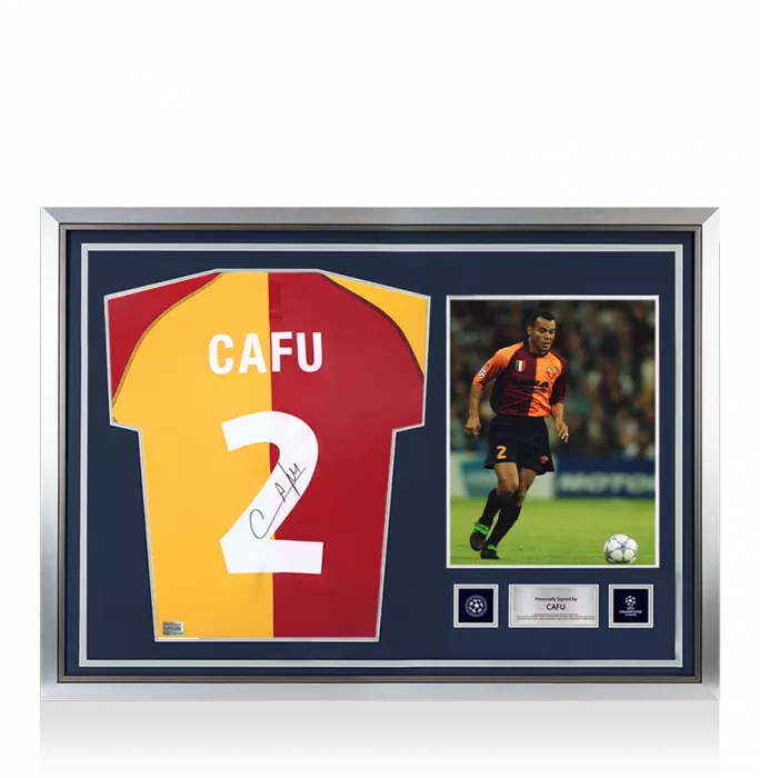 icons Cafu Official UEFA Champions League Back Signed and Hero Framed AS Roma 2001-02 Shirt