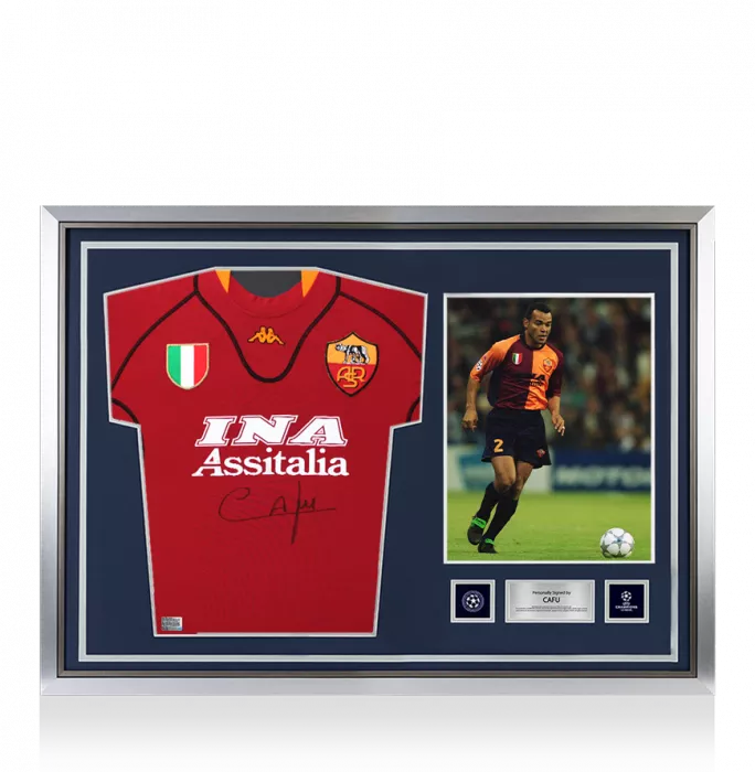 icons Cafu Official UEFA Champions League Front Signed and Hero Framed AS Roma 2001-02 Home Shirt