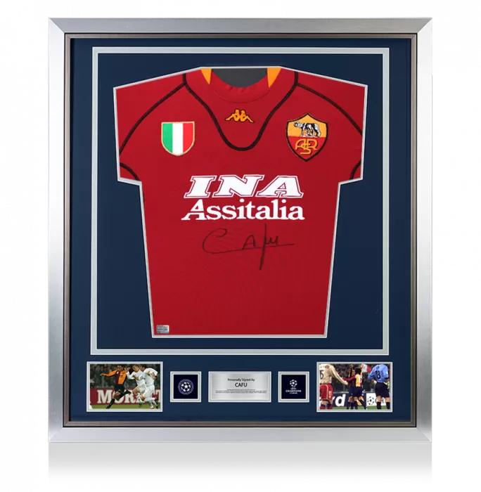 icons Cafu Official UEFA Champions League Front Signed and Framed AS Roma 2001-02 Home Shirt