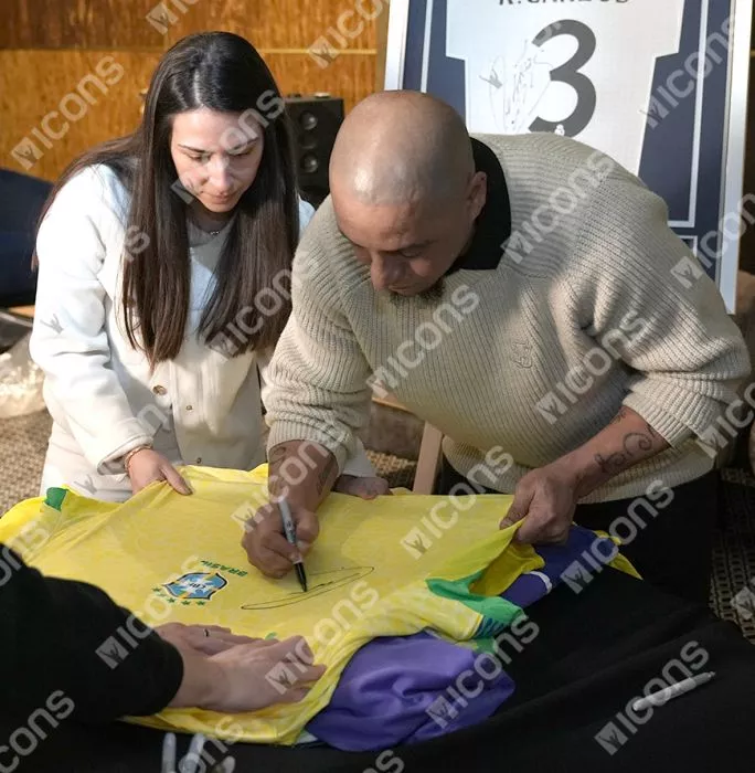Icons Cafu & Roberto Carlos Front Dual Signed Brazil 2024 Home Shirt In Hero Frame: Option 1
