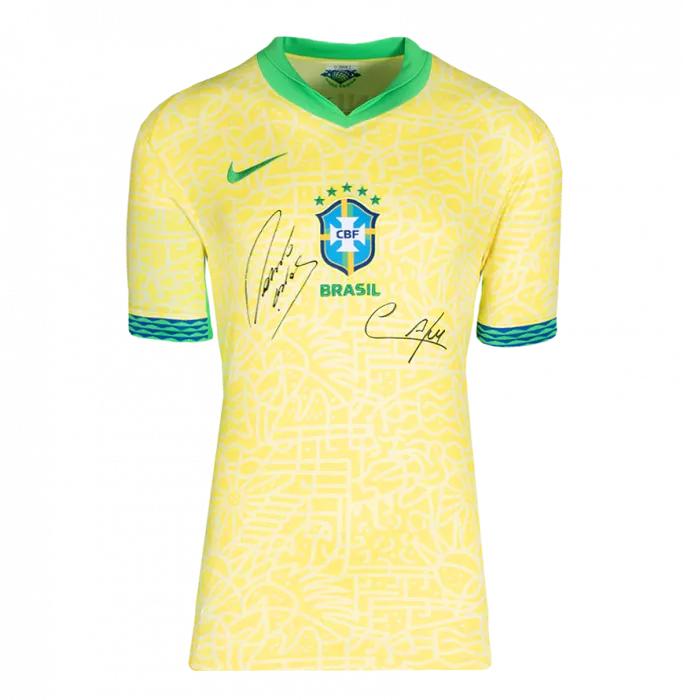 Icons Cafu & Roberto Carlos Front Dual Signed Brazil 2024 Home Shirt In Deluxe Packaging