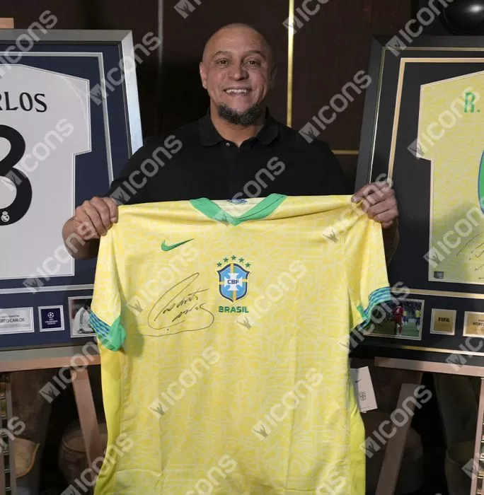 Icons Cafu & Roberto Carlos Front Dual Signed Brazil 2024 Home Shirt In Deluxe Packaging