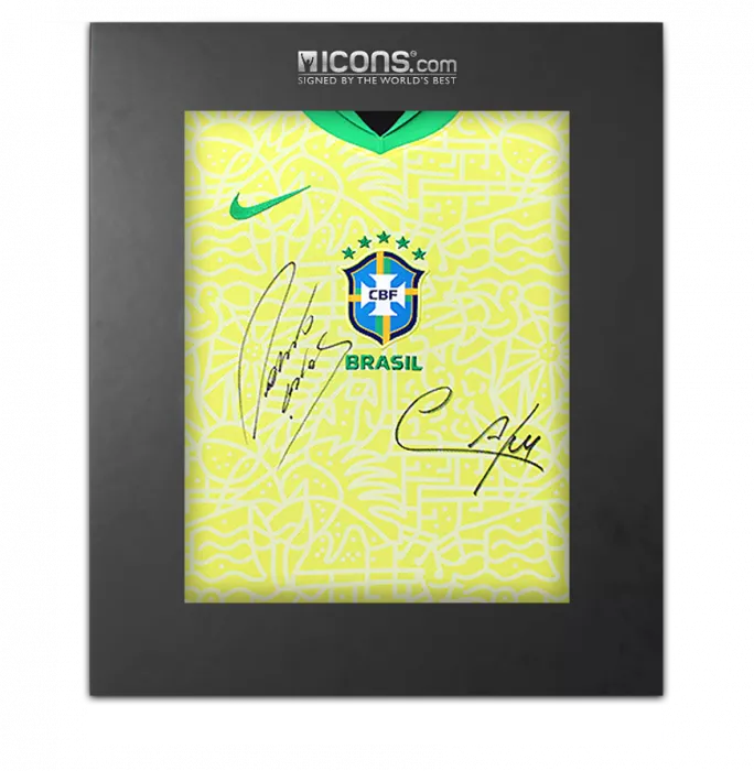 icons Cafu & Roberto Carlos Front Dual Signed Brazil 2024 Home Shirt In Deluxe Packaging