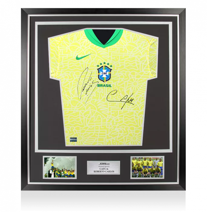 icons Cafu & Roberto Carlos Front Dual Signed Brazil 2024 Home Shirt In Classic Frame