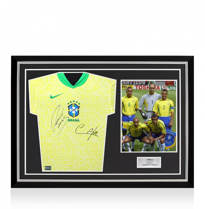 icons Cafu & Roberto Carlos Front Dual Signed Brazil 2024 Home Shirt In Hero Frame: Option 1