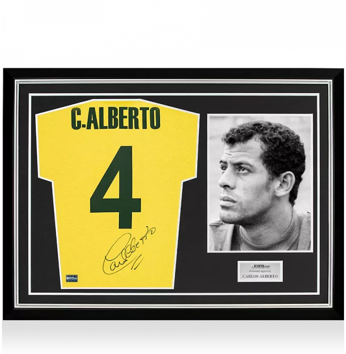 Icons Carlos Alberto Back Signed Retro Brazil Home Shirt In Hero Frame: Option 1