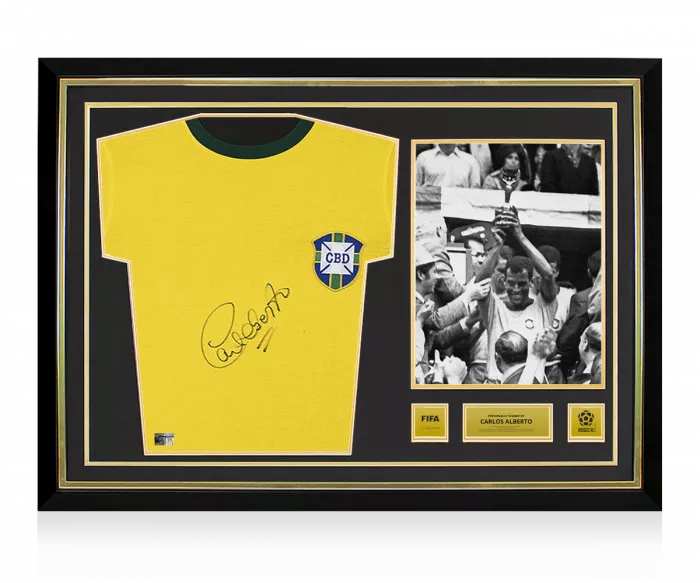 icons Carlos Alberto Official 1970 FIFA World Cup™ Front Signed and Hero Framed Brazil Home Shirt