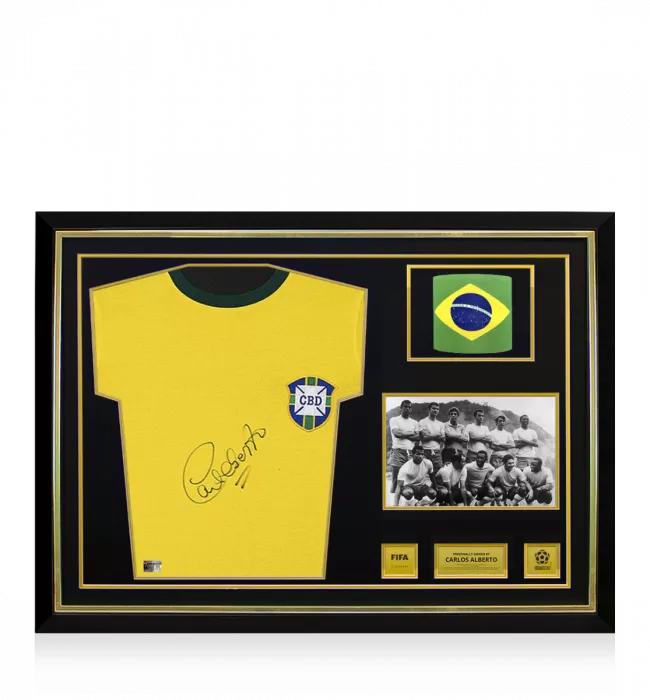 icons Carlos Alberto Official 1970 FIFA World Cup™ Front Signed and Hero Framed Brazil Home Shirt: 1970 FIFA World Cup Winning Captain Edition