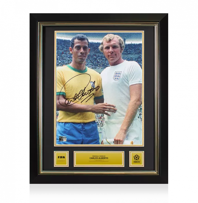 icons Carlos Alberto Official 1970 FIFA World Cup™ Signed and Framed Brazil Photo: Meeting With Bobby Moore