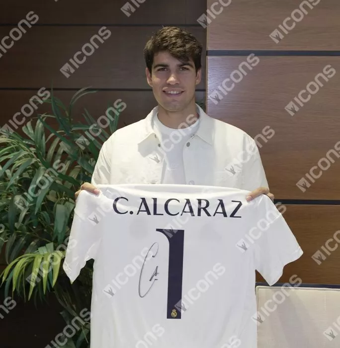 Icons Carlos Alcaraz Back Signed Real Madrid 2024-25 Home Shirt In Hero Frame: Option 1