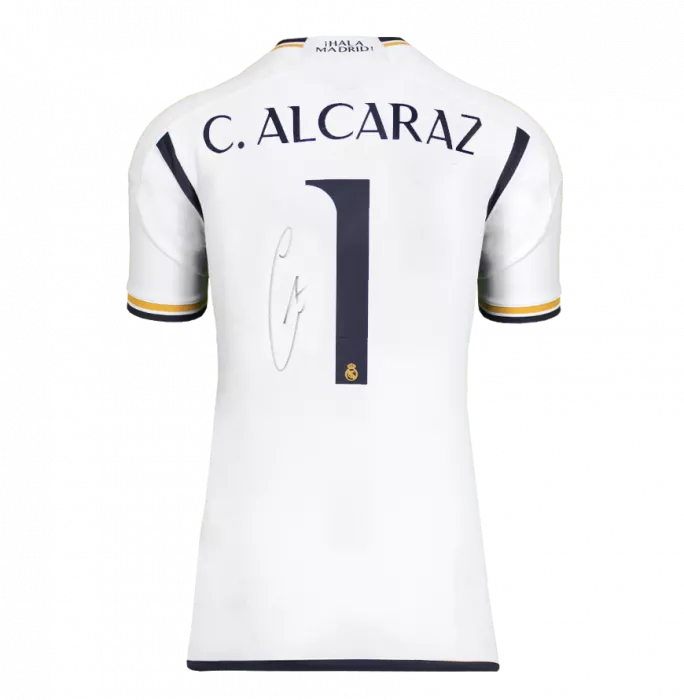 Icons Carlos Alcaraz Back Signed Real Madrid CF 2023-24 Home Shirt In Hero Frame: Option 1