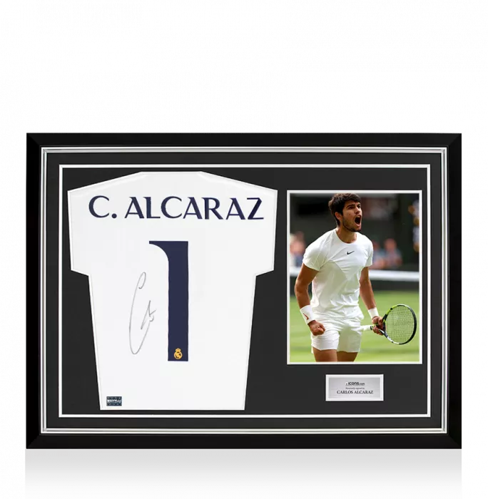 icons Carlos Alcaraz Back Signed Real Madrid CF 2023-24 Home Shirt In Hero Frame: Option 1