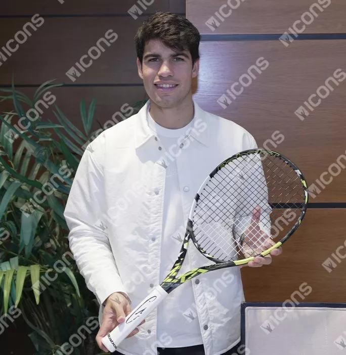 Icons Carlos Alcaraz Signed And Framed Black And Yellow Babolat Pure Aero Tennis Racket