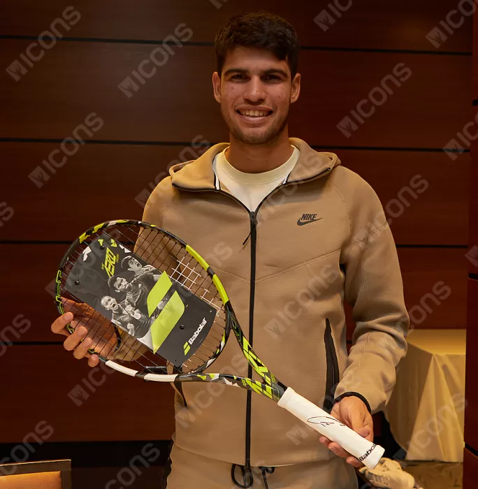 Icons Carlos Alcaraz Signed And Framed Black And Yellow Babolat Pure Aero Tennis Racket