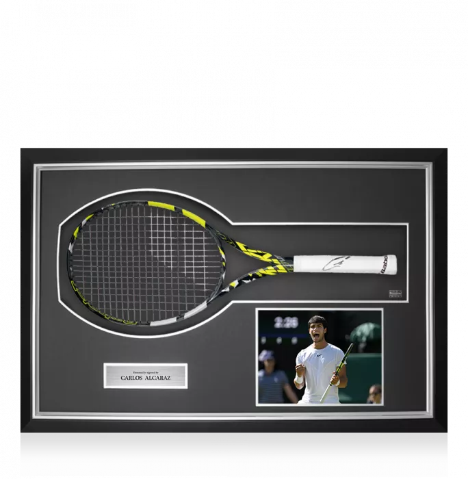 icons Carlos Alcaraz Signed and Framed Black and Yellow Babolat Pure Aero Tennis Racket