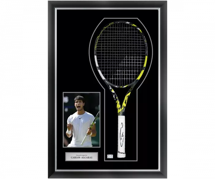 icons Carlos Alcaraz Signed and Framed Black and Yellow Babolat Pure Aero Tennis Racket