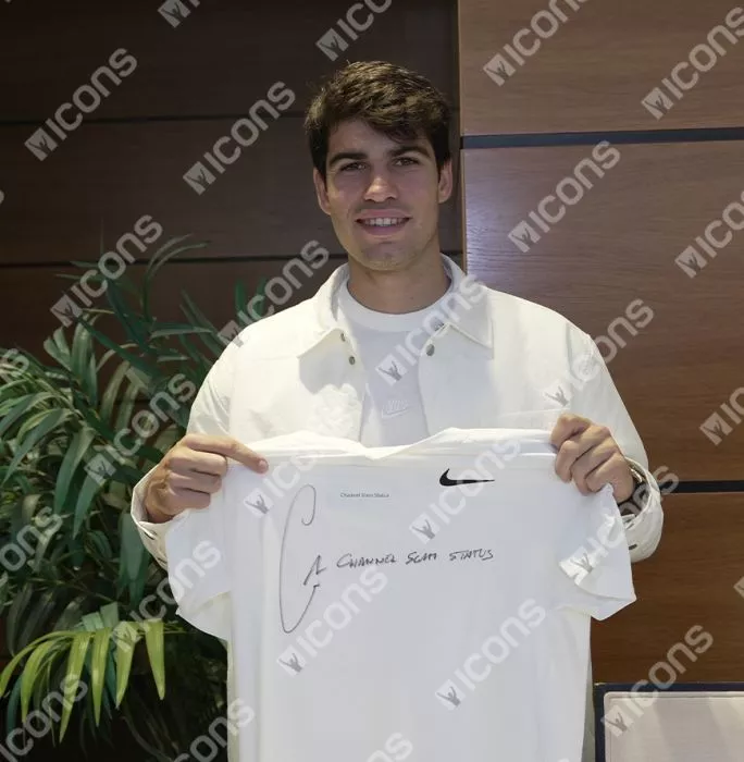 Icons Carlos Alcaraz Signed Nike Advantage Slam T-Shirt - "Channel Slam Status" Inscription In Classic Frame