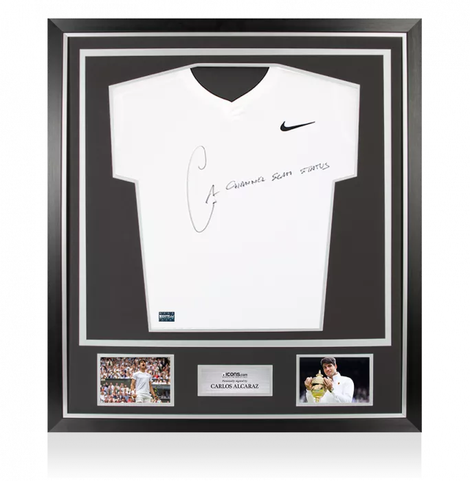 icons Carlos Alcaraz Signed Nike Advantage Slam T-Shirt - "Channel Slam Status" Inscription In Classic Frame