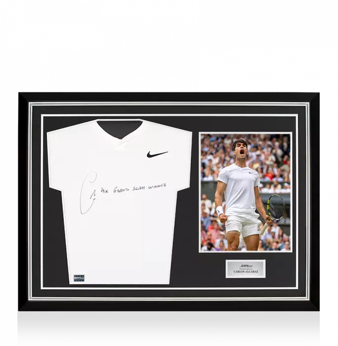 icons Carlos Alcaraz Signed Nike Advantage Slam T- Shirt - "4x Grand Slam Winner" Inscription In Hero Frame: Option 1