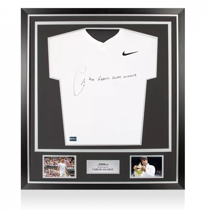 icons Carlos Alcaraz Signed Nike Advantage Slam T- Shirt - "4x Grand Slam Winner" Inscription In Classic Frame