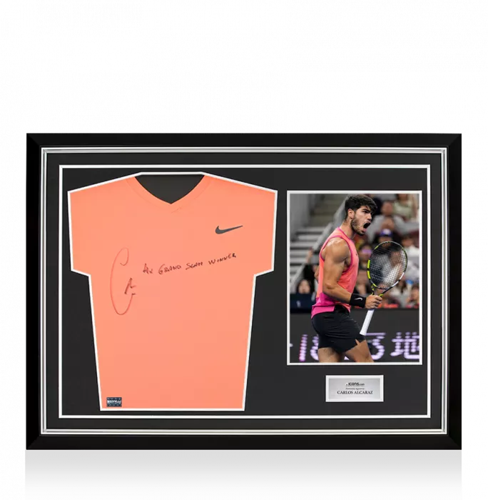icons Carlos Alcaraz Signed Nike Dri-Fit Court Victory Tennis T-Shirt - "4x Grand Slam Winner" Inscription In Hero Frame: Option 1