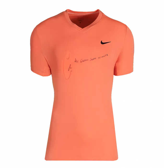 Icons Carlos Alcaraz Signed Nike Dri-Fit Court Victory Tennis T-Shirt - "4x Grand Slam Winner" Inscription In Classic Frame