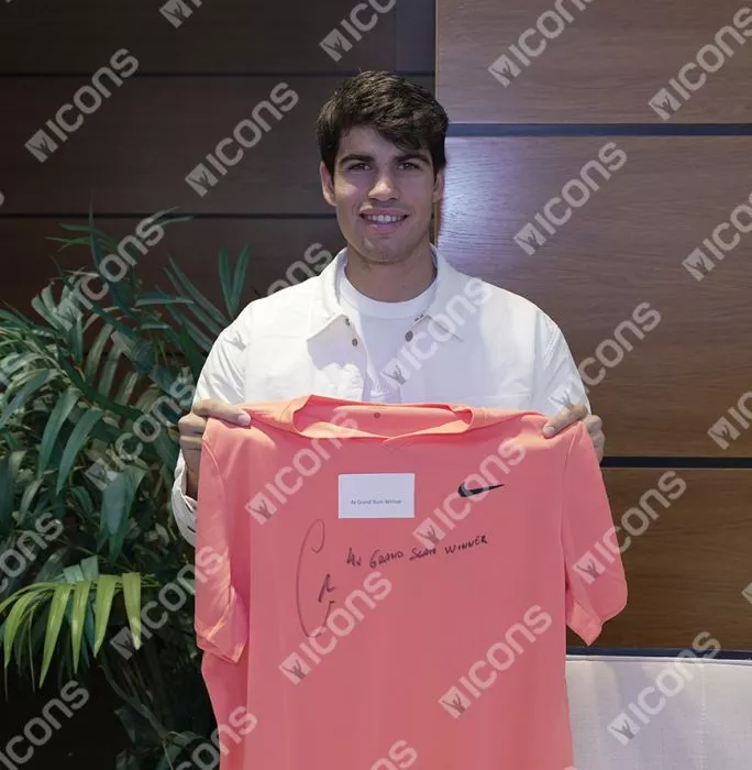 Icons Carlos Alcaraz Signed Nike Dri-Fit Court Victory Tennis T-Shirt - "4x Grand Slam Winner" Inscription In Classic Frame