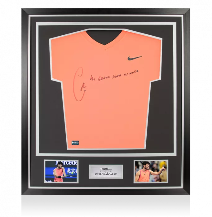 icons Carlos Alcaraz Signed Nike Dri-Fit Court Victory Tennis T-Shirt - "4x Grand Slam Winner" Inscription In Classic Frame