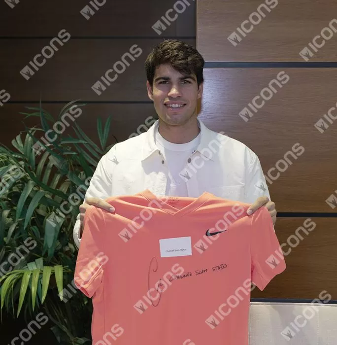 Icons Carlos Alcaraz Signed Nike Dri-Fit Court Victory Tennis T-Shirt - "Channel Slam Status" Inscription In Hero Frame: Option 1