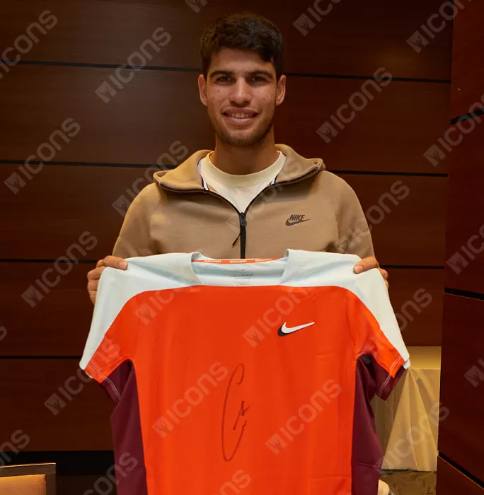 Icons Carlos Alcaraz Signed Orange Nike Court Slam Tennis Shirt In Deluxe Packaging